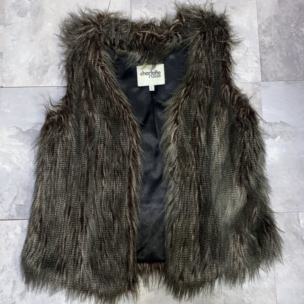 Faux fur vest women brown gray medium Charlotte Russe brand jacket fall